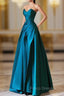 A-Line Strapless Satin Peacock Blue Long Formal Prom Dress, Simple Peacock Blue Evening Dress
