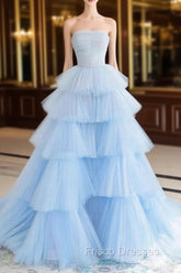 A line Strapless Tiered Tulle Formal Prom Dress