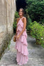 A Line Straps Tiered Chiffon Floor Length Long Prom Dress Pink Formal Evening Dresses