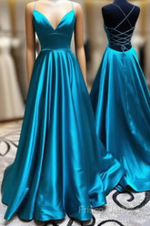 A Line Stretch Satin Emerald Green Formal Prom Dress Spaghetti Straps V Neck Dress