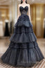 A-Line Sweetheart Neck Lace Black Long Formal Prom Dress, Black Formal Dress
