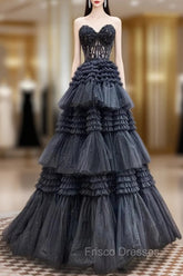 A-Line Sweetheart Neck Lace Black Long Formal Prom Dress, Black Formal Dress