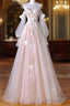A-Line Sweetheart Neck Long Sleeve Lace Tulle Light Champagne Long Formal Prom Dress
