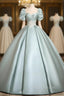A-Line Sweetheart Neck Puff Sleeves Satin Blue Long Formal Prom Dress, Blue Long Formal Dress