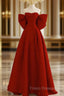 A-Line Sweetheart Neck Satin Burgundy Long Formal Prom Dress with Bow