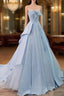 A-Line Sweetheart Neck Satin Tulle Blue Long Formal Prom Dress, Blue Evening Dress