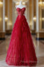 A-Line Sweetheart Neck Tulle Beads Burgundy Long Formal Prom Dress, Burgundy Evening Dress