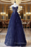 A-Line Sweetheart Neck Tulle Dark Blue Long Formal Prom Dress, Dark Blue Long Graduation Dress with Beads