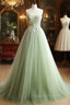 A-Line Sweetheart Neck Tulle Lace Applique Green Long Formal Prom Dress Formal Dress Off Shoulder