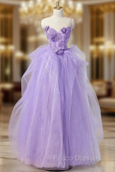 A-Line Sweetheart Neck Tulle Lace Applique Purple Long Formal Prom Dress, Purple Formal Dress