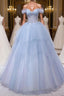 A-Line Sweetheart Neck Tulle Lace Blue Long Formal Prom Dresses, Blue Formal Evening Dresses