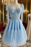 A-Line Sweetheart Neck Tulle Lace Blue Short Formal Prom Dress, Blue Homecoming Dress