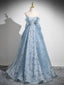 A-Line Sweetheart Neck Tulle Lace Gray Blue Long Prom Dress, Gray Blue Evening Dress