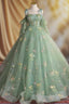 A-Line Sweetheart Neck Tulle Lace Green Long Formal Prom Dress