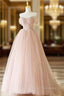 A-Line Sweetheart Neck Tulle Lace Long Pink Formal Prom Dress, Pink Party Dress with Beads