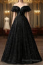 A-Line Sweetheart Neck Tulle Sequin Black Long Formal Prom Dress, Black Long Formal Dress