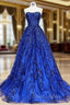 A-Line Sweetheart Neck Tulle Sequin Blue Long Formal Prom Dress, Blue Long Formal Dress
