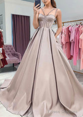A-line Sweetheart Sleeveless Satin Sweep Train Prom Dresses With Pockets