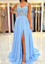 A-line Sweetheart Sleeveless Sweep Train Chiffon Prom Dresses With Appliqued Split