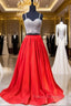 A-line Sweetheart Spaghetti Strap Satin Red Two Piece Formal Prom Dress