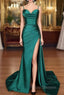 A-line Sweetheart Spaghetti Straps Sweep Train Silk like Satin Ruched Formal Prom Dress- Formal Prom Dress