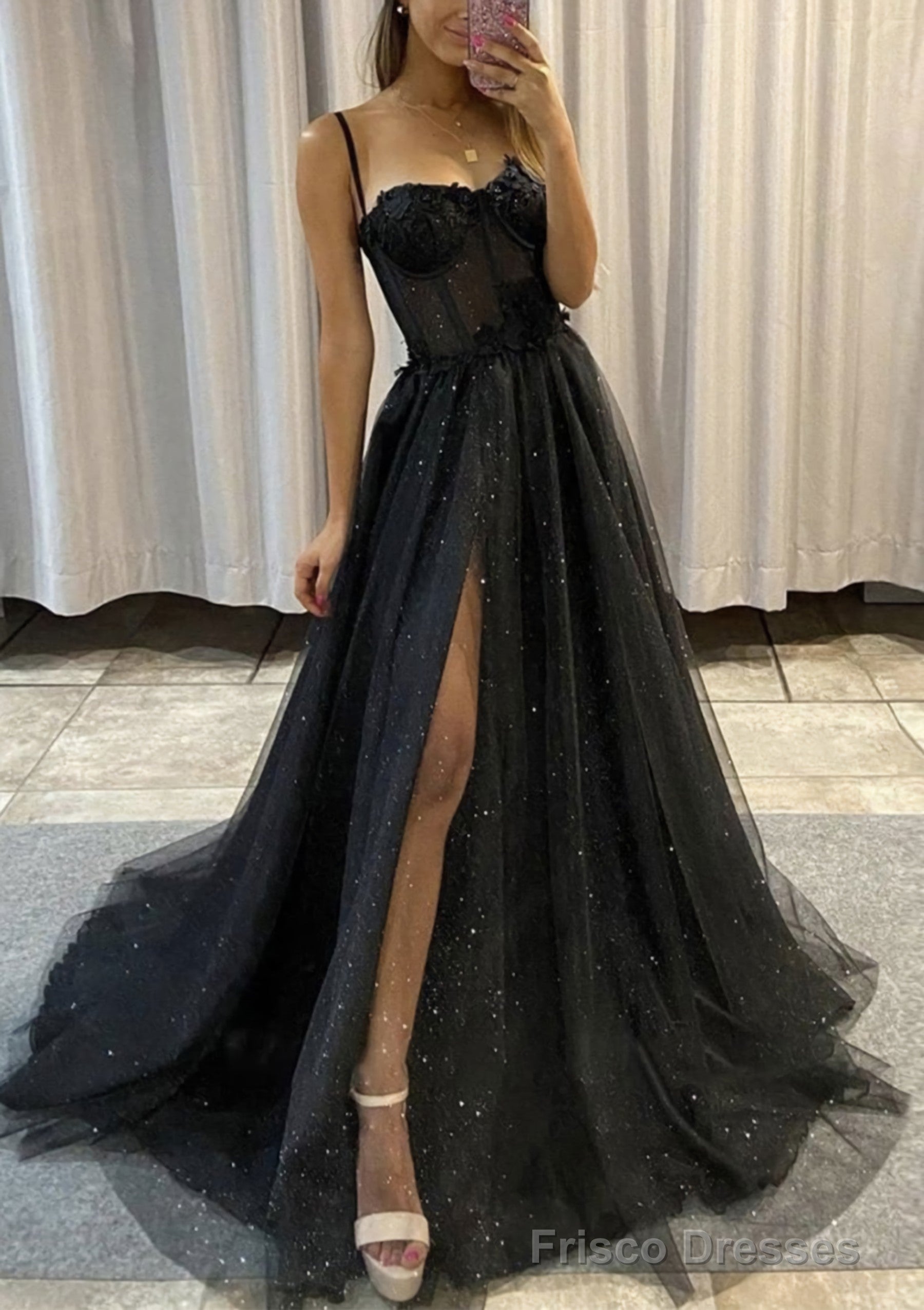 A-line Sweetheart Spaghetti Straps Sweep Train Tulle Glitter Prom Dres Frisco Dresses A-line Sweetheart Spaghetti Straps Sweep Train Tulle Glitter Prom Dres Frisco Dresses