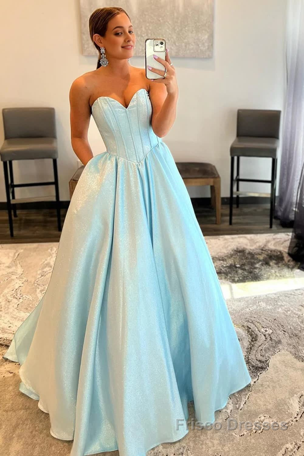 A-Line Sweetheart Strapless Blue Long Prom Dress – Frisco Dresses
