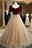 A-line Tulle and Velvet Short Sleeves Party Dress, Sweetheart Long Formal Prom Dress