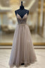 A-Line Tulle Beaded Long Formal Prom Dress, Cute V-Neck Evening Party Dress