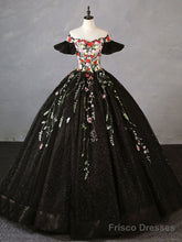 A- Line Tulle Lace Black Long Prom Dress, Black Lace Sweet 16 Dress