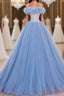 A-Line Tulle Lace Blue Long Formal Prom Dresses, Blue Lace Long Formal Dresses