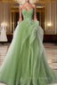 A-Line Tulle Lace Green Long Formal Prom Dress, Green lace Long Formal Dress