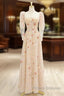 A-Line Tulle Lace Sequin Champagne Long Formal Prom Dress, Champagne Long Formal Dress