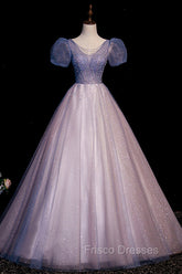 A-Line Tulle Long Formal Prom Dress with Beaded, Blue Short Sleeve Evening Dress