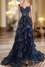A-Line Tulle Sequin Black Long Formal Prom Dress, Black Sequin Long Formal Dress
