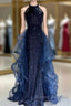 A-Line Tulle Sequin Dark Blue Long Formal Prom Dress, Dark Blue Long Formal Dress