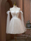 A Line Tulle Short Champagne Formal Prom Dress, Off Shoulder Lace Puffy Homecoming Dress