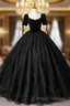 A-Line Tulle Velvet Sequin Black Long Formal Prom Dress, Black Long Formal Dress