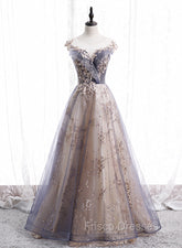 A-line Tulle with Lace Applique Party Dress, Tulle Long Formal Prom Dress