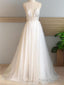 A-Line V-Neck Applique Sweep Train Tulle Wedding Dress