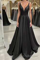 A Line V Neck Backless Black Long Formal Prom Dresses, V Neck Black Formal Dresses, Backless Black Evening Dresses