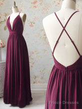 A Line V Neck Backless Burgundy Prom Dresses, V Neck Backless Burgundy Formal Bridesmaid Dresses