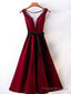 A Line V Neck Backless Burgundy Tea Length Prom Dresses, Tea Length Burgundy Backless Formal Graduation Evening Dresses