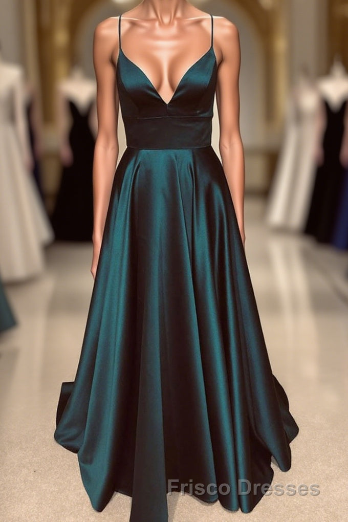 A Line V Neck Backless Long Formal Prom Dress Simple Dark Green Formal