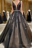 A Line V Neck Black Lace Formal Prom Dresses, Black Lace Formal Evening Dresses
