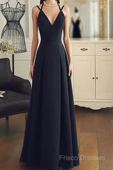 A Line V Neck Black Long Formal Prom Dress With Corss Back, Black Long Formal Graduation Dress