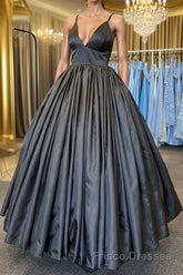 A Line V Neck Black Satin Long Formal Prom Dresses with Pocket, V Neck Black Formal Graduation Evening Dresses