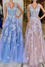 A Line V Neck Blue/Champagne Lace Floral Long Formal Prom Dresses, Blue/Champagne Lace Formal Evening Dresses