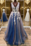 A Line V Neck Blue Lace Long Formal Prom Dresses, Long Blue Formal Evening Dresses