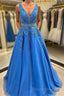 A Line V Neck Blue Lace Long Formal Prom Dresses with Belt, Blue Lace Formal Evening Dresses